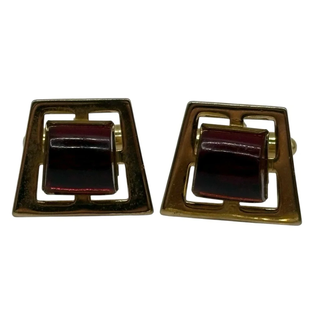 ANSON Cherry Red Lucite Cufflinks Tie Clip Bar Set Gold Tone Open Frame‎ Vintage